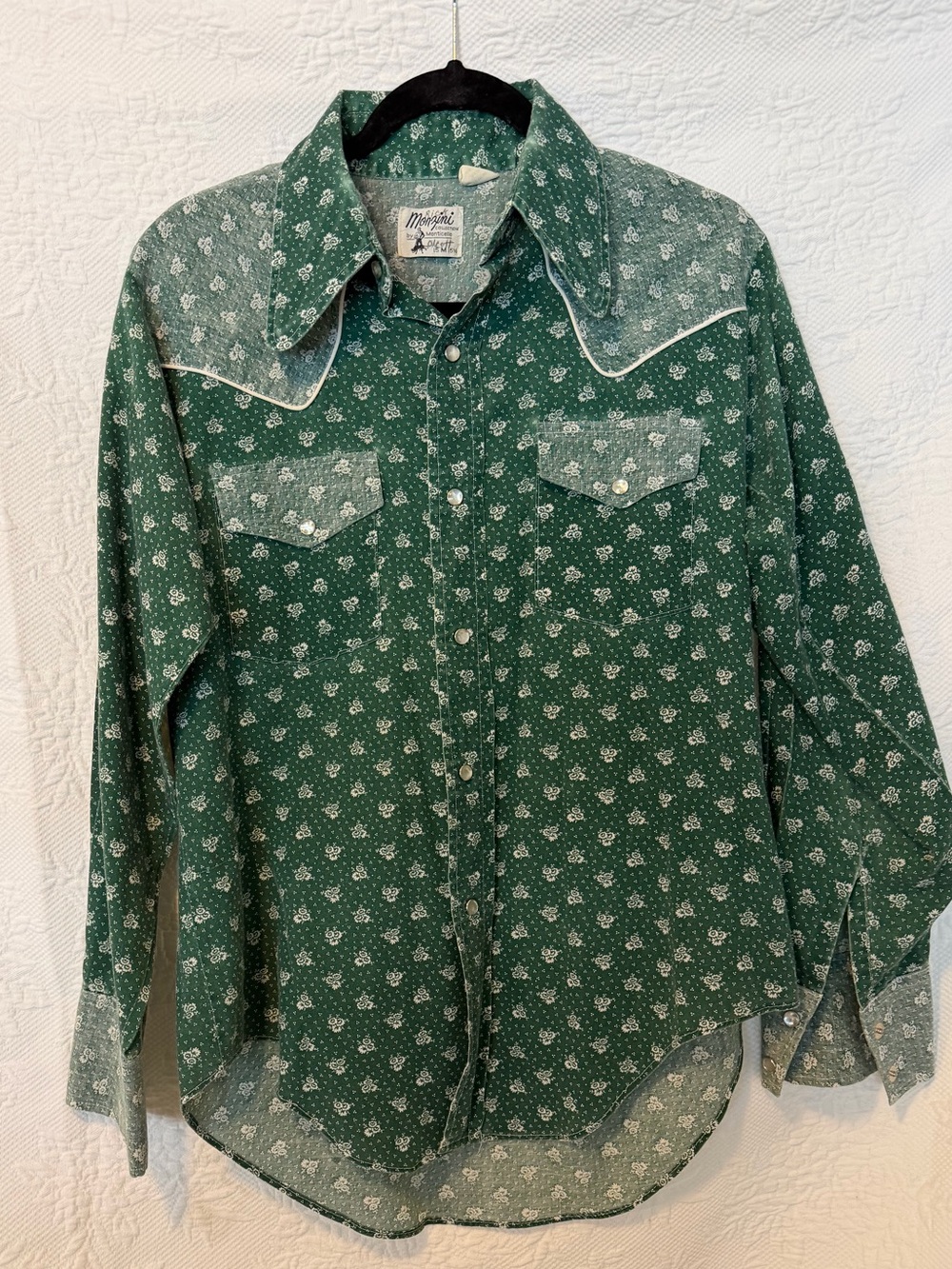 Vintage Monzini Monticello Western Pearl Snap Shirt Green Floral USA Men's L